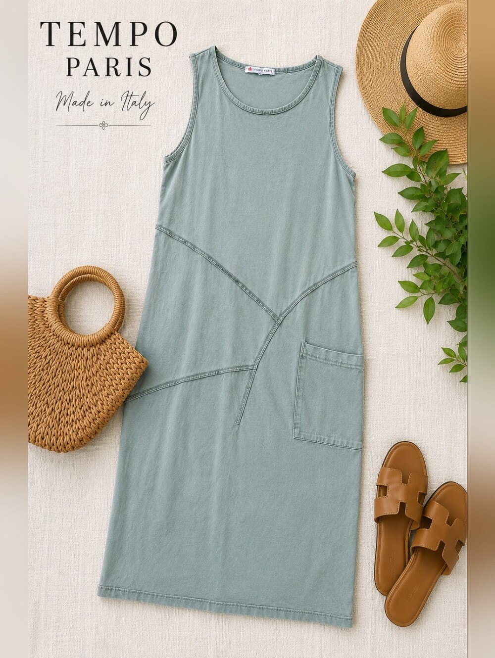 Tempo Paris Made in Italy 100% Cotton Sleeveless Midi Dress Sage Blue Size L